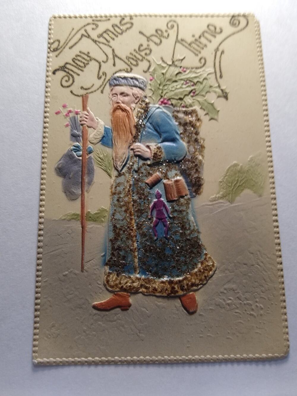 Embossed Glitter Blue Suit Santa Claus Christmas Postcard May Xmas Joys Be Thine